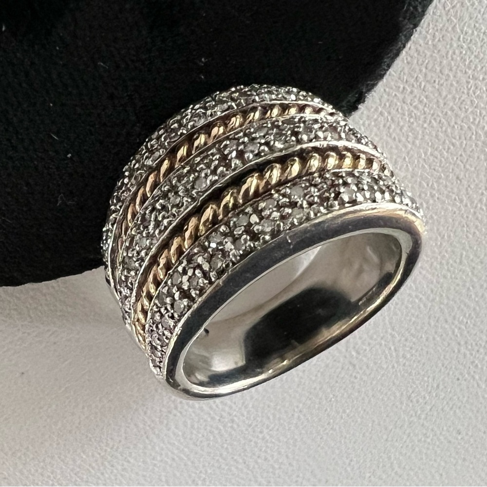 Vintage Sterling 14k Diamond Pave Wide Band Ring